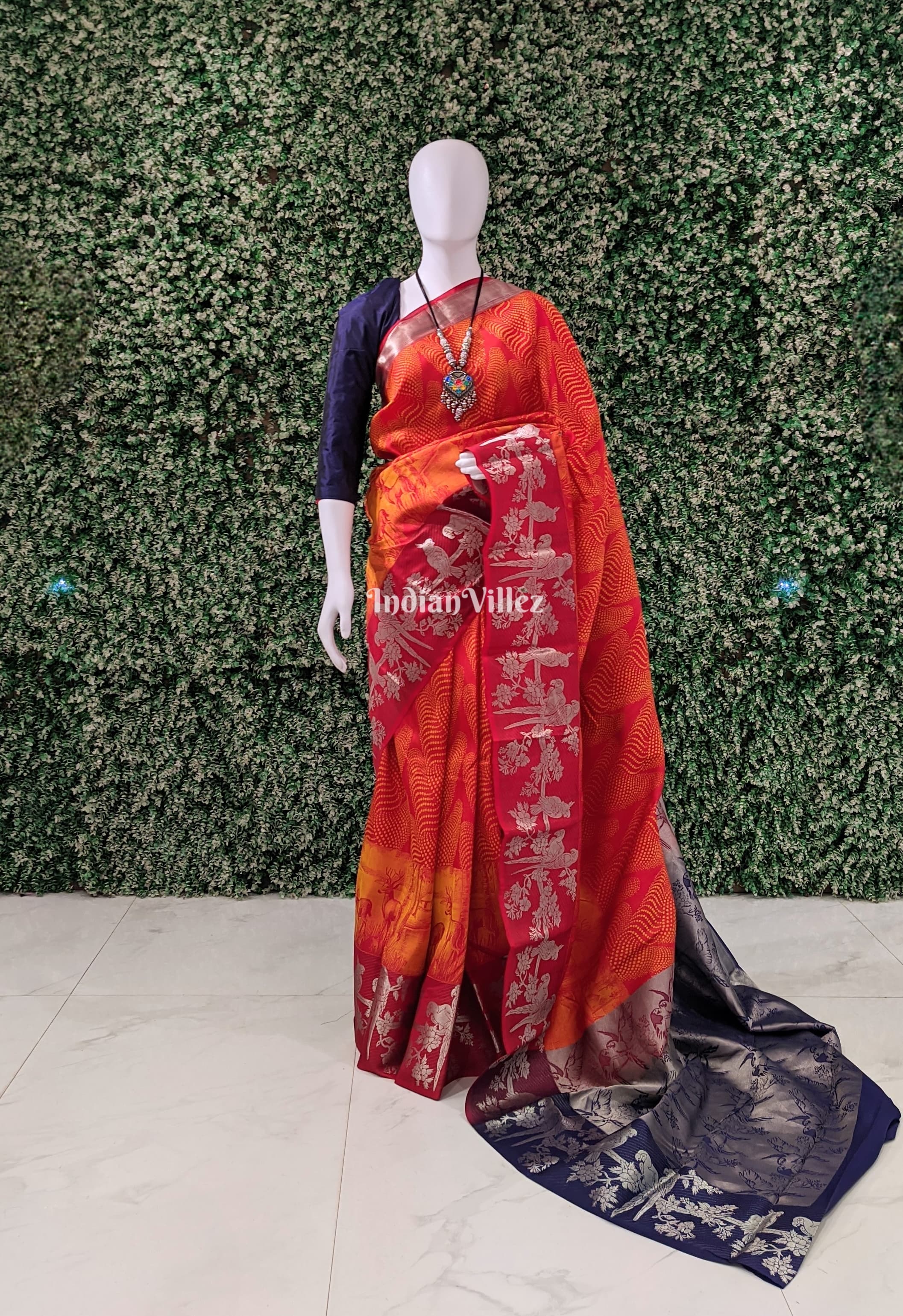 Red Orange Forest Theme Pure Kanchipuram Silk Saree