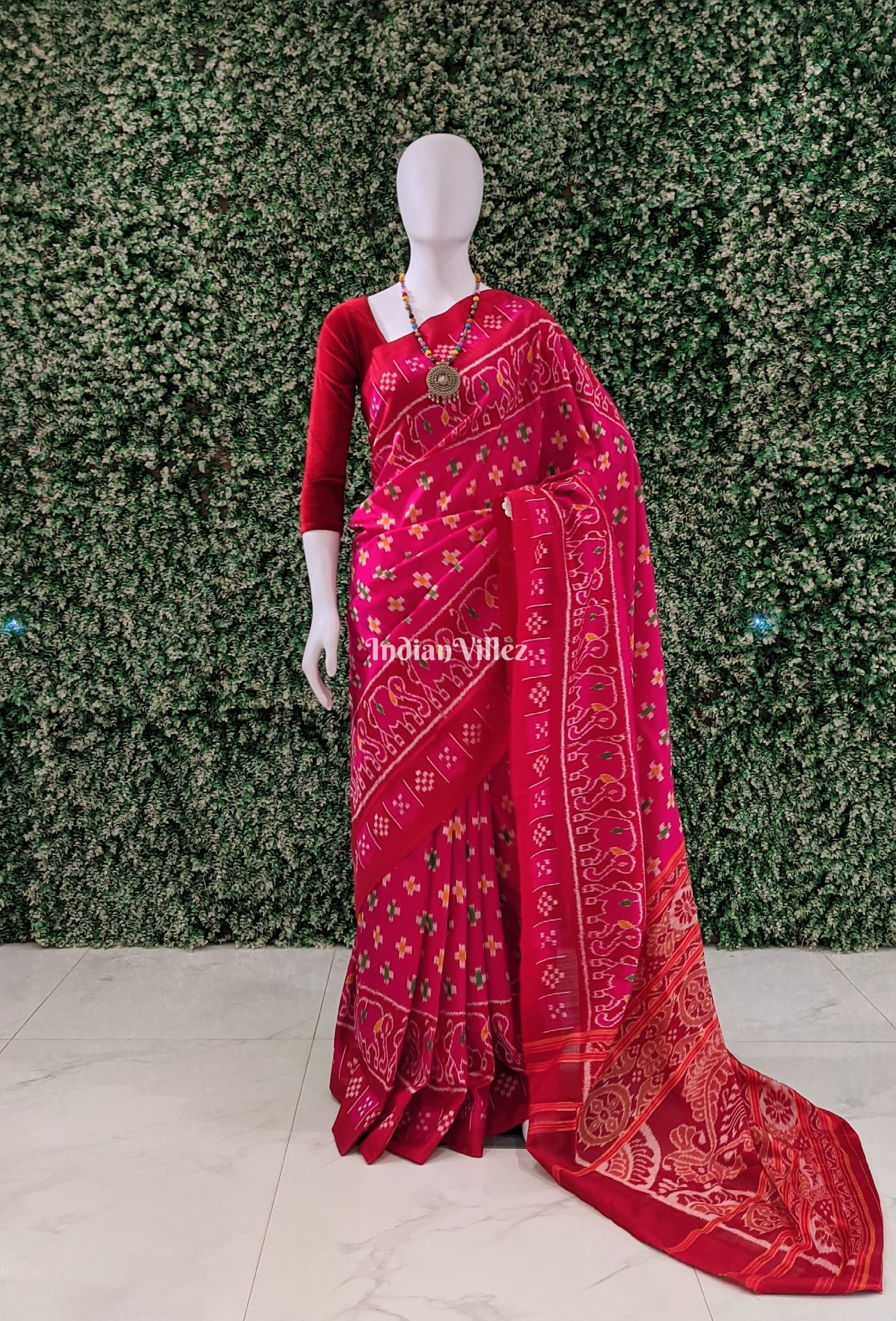 Rani Pink Odisha Ikat Contemporary Silk Saree with Elephant & Pasapali Border