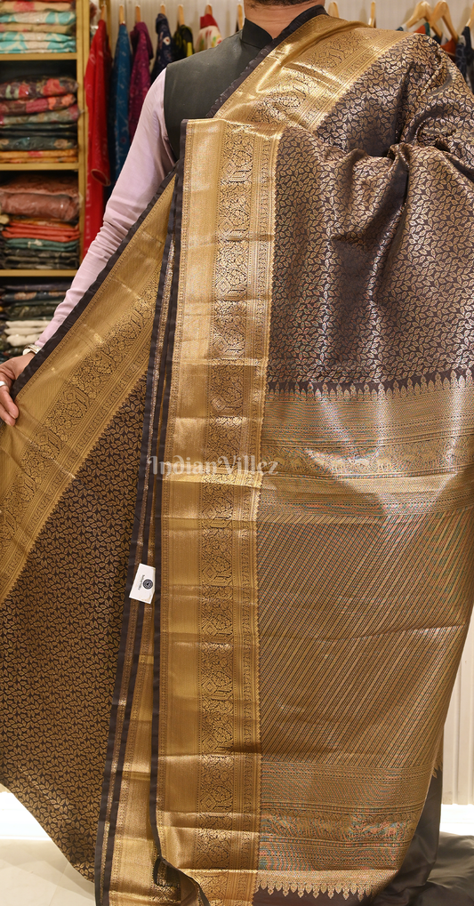 Black Golden Leaf Motif Pure Brocade Kanjivaram Silk Saree
