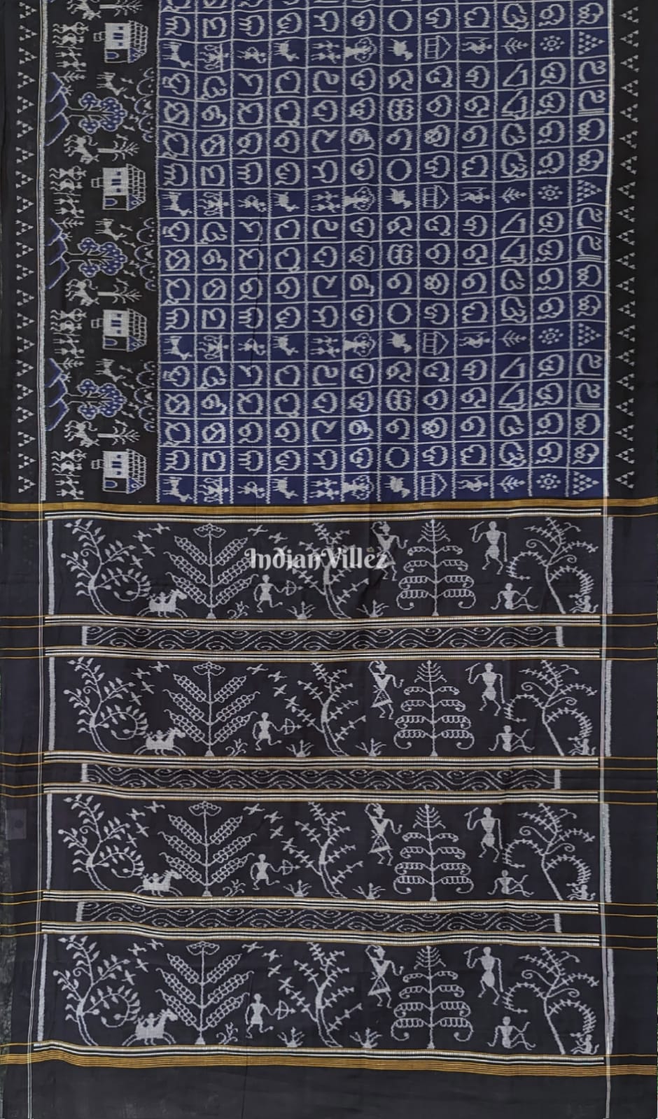 Indigo Blue Odia Barnamala Sambalpuri Pure Cotton Saree