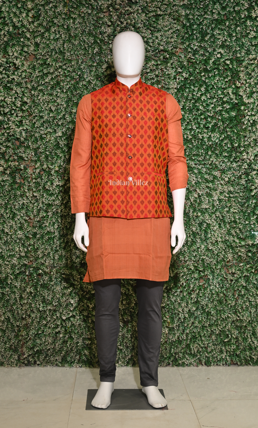 Orange Red Odisha Ikat Half Bandi Jacket for Men