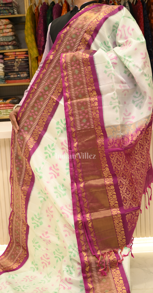 Off White Magenta Pink Zari Pure Kanjivaram Soft Silk Saree