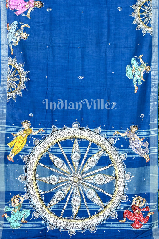Blue Konark Chakra Theme Hand-Painted Pattachitra Saree