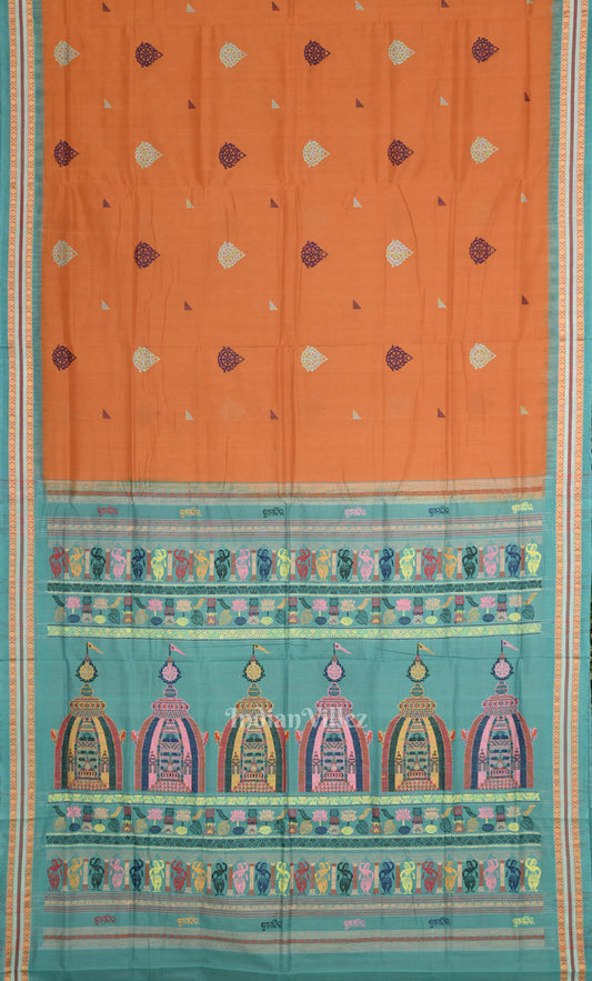 Brown with Light Blue Shree Mandir Bomkai Sambalpuri Ikat Cotton Saree