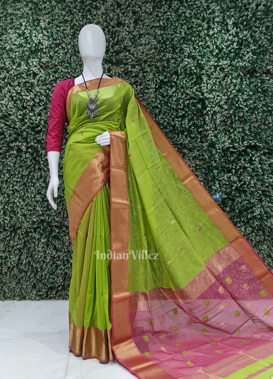 Parrot Green with Pink Pure Silk Cotton Maheswari Saree