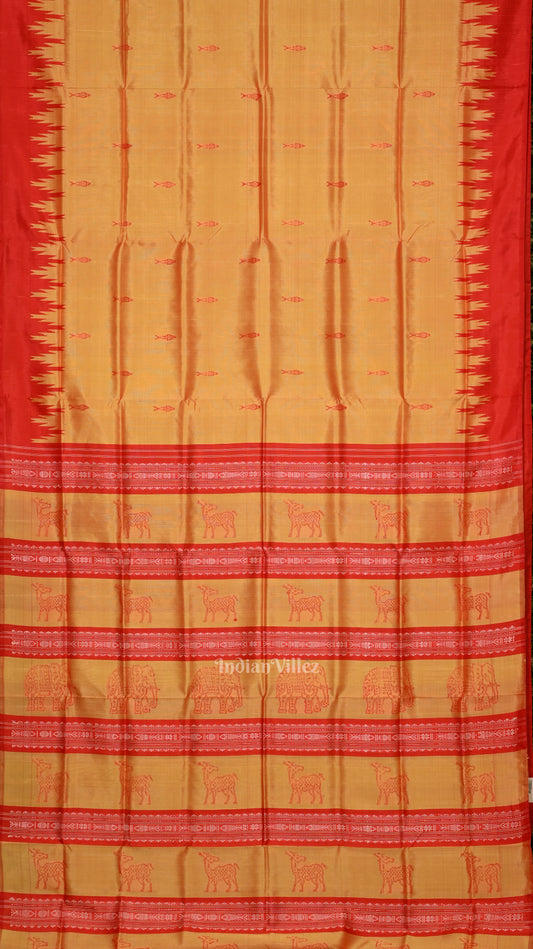 Golden Red Fish Motif Double Pallu Berhampuri Silk Saree
