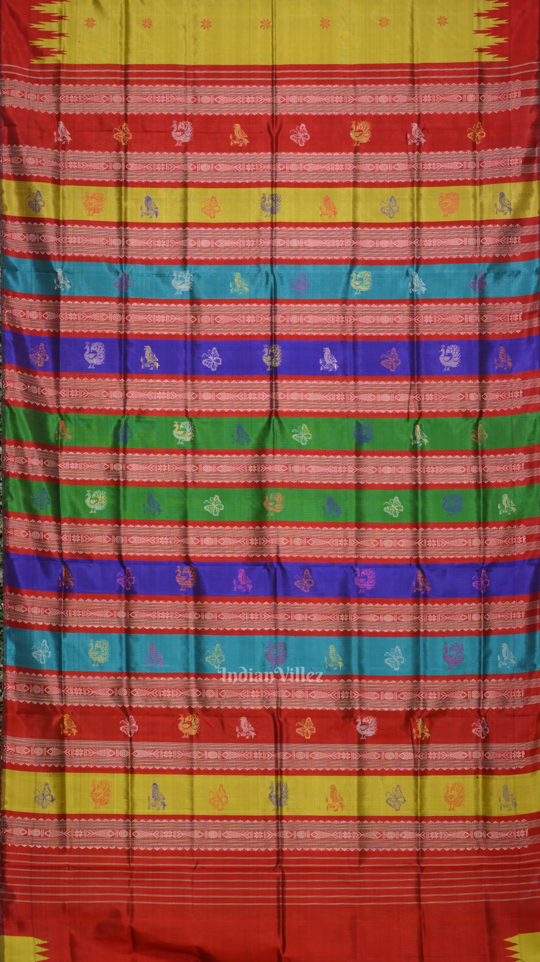 Mehendi Green & Red With Multicolor Double Pallu Berhampuri Silk Saree