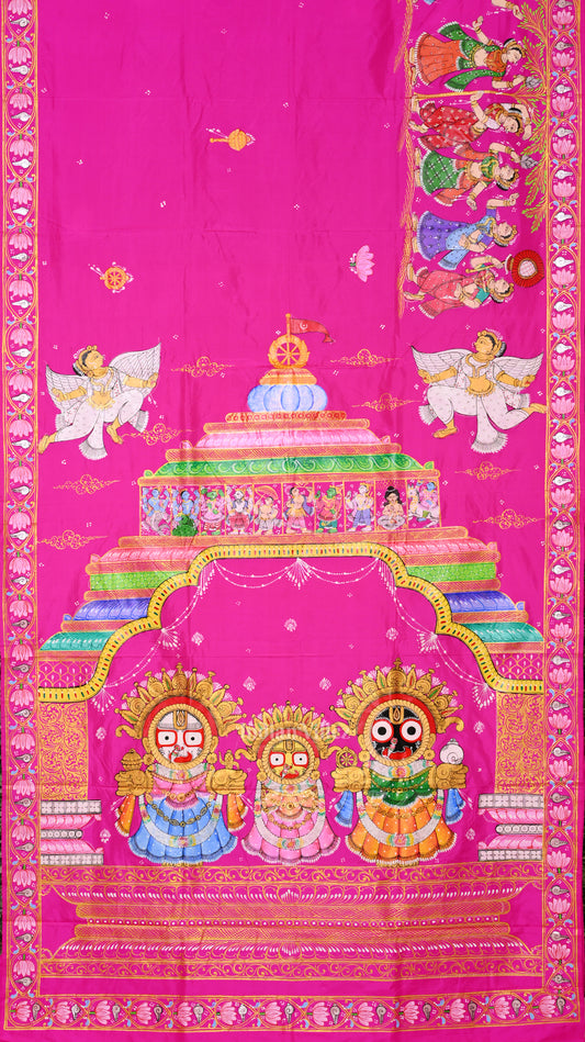 Rani Pink Shree Jagannath Hand-Painted Pattachitra Saree