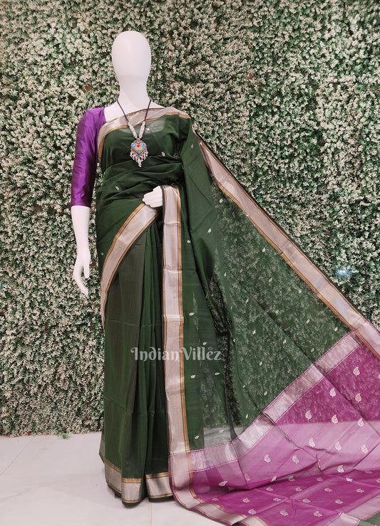Green Purple Pure Silk Cotton Maheswari Saree