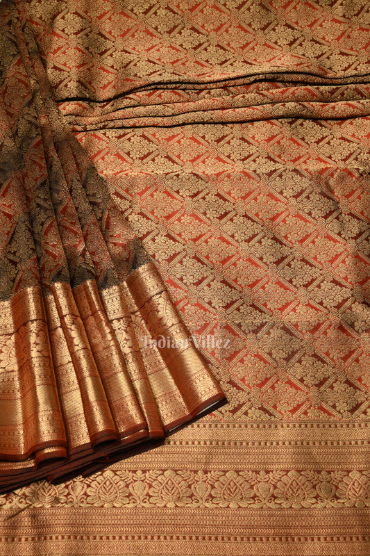 Dark Maroon Pure Brocade with Golden Broder Bridal Kanjivaram Silk Saree