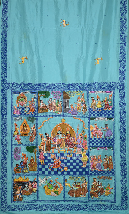 Sky Blue Ramayan Theme Hand-Painted Pattachitra Saree