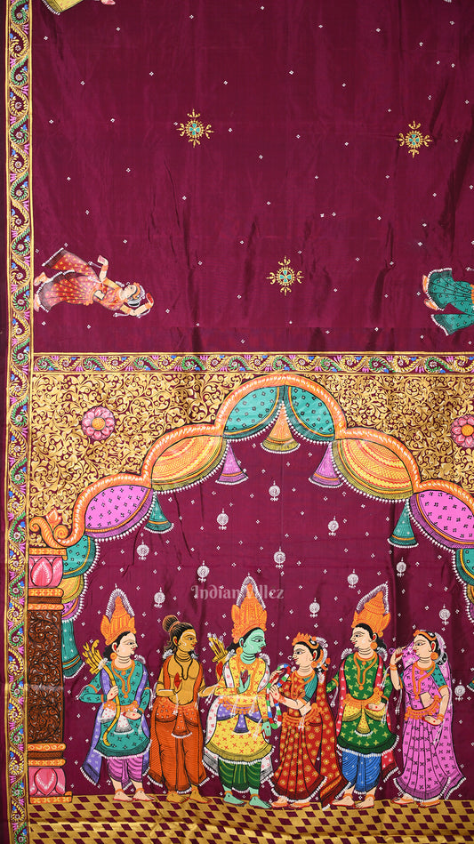 Wine Sita Vivah Theme Hand-Painted Pattachitra Saree
