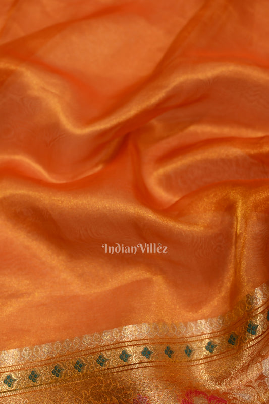 Deep Orange Zari Woven Exclusive Kora Organza Banarasi Saree