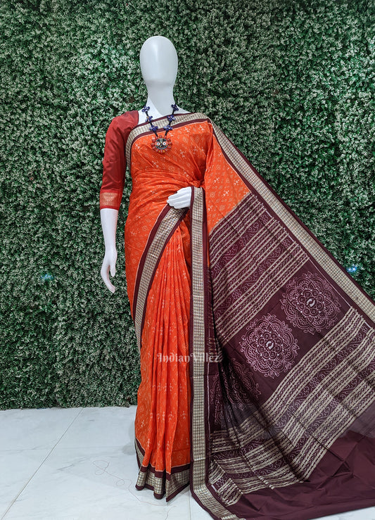 Orange Odisha Ikat Tribal Theme Sambalpuri Silk Saree