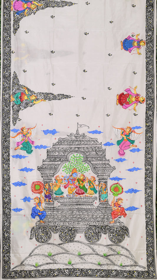 White Radha Krisha Hand-Painted Pattachitra Saree