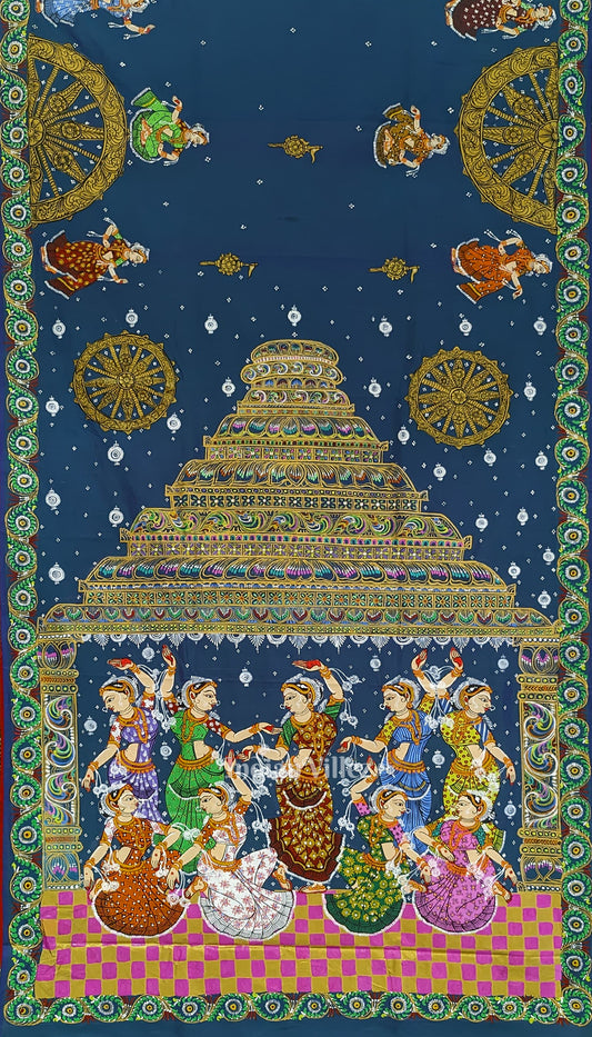 Blue Red Nataki Konark Temple Hand-Painted Pattachitra Saree