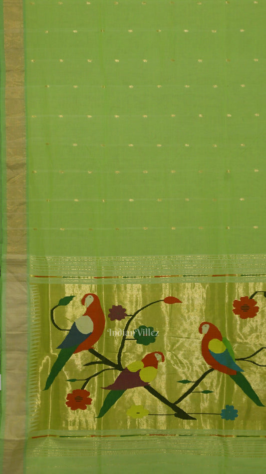 Parrot Green Butta Design Cotton Paithani Saree
