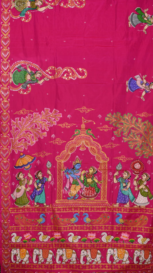 || राधा कृष्ण || Rani Pink Krishna Rasa Leela Hand-Painted Pattachitra Saree