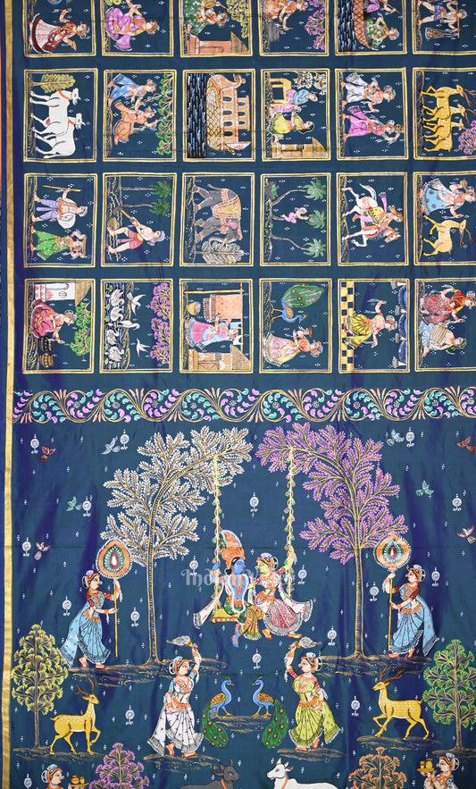 Blue Yellow Krishna Raas Village Theme Hand- Painted Pattachitra Saree