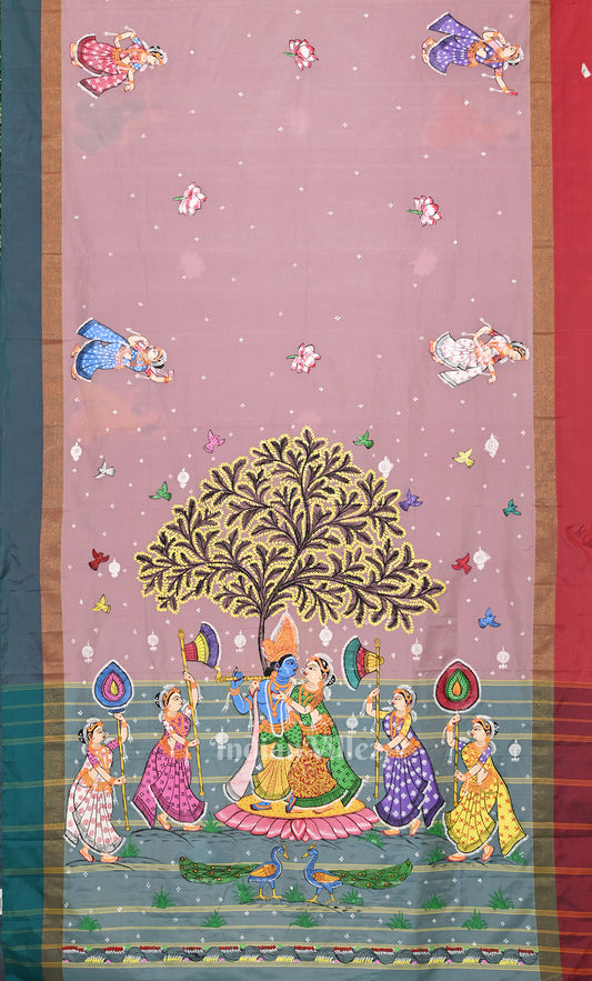 Baby Pink Blue Raasleela Hand-Painted Pattachitra Saree