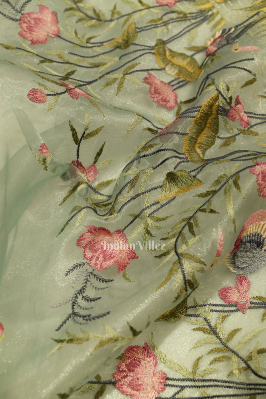 Light Blue Organza Banarasi Silk Saree With Floral Thread Work