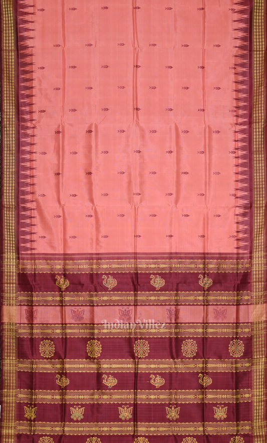 Peach Maroon Double Pallu Berhampuri Silk Saree