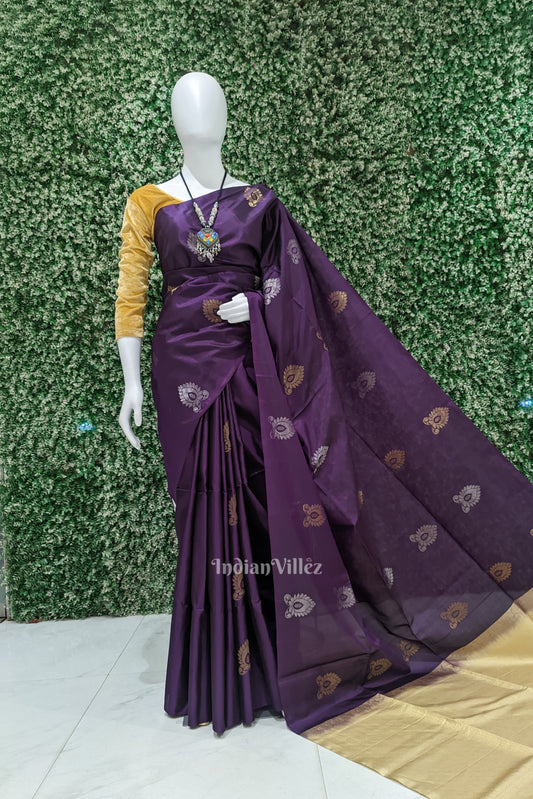 Blackberry Golden Floral Design Pure Kanjivaram Soft Silk Saree