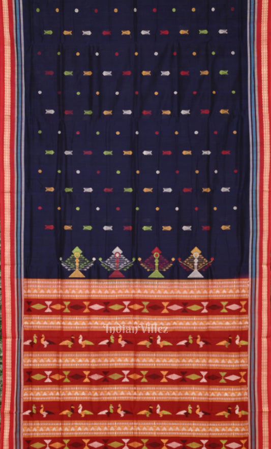 Blue Red Fish Motif Odisha Ikat Bomkai Cotton saree