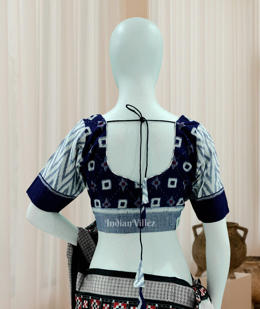 White Blue Pasapali Theme Odisha Ikat Sambalpuri Cotton Blouse