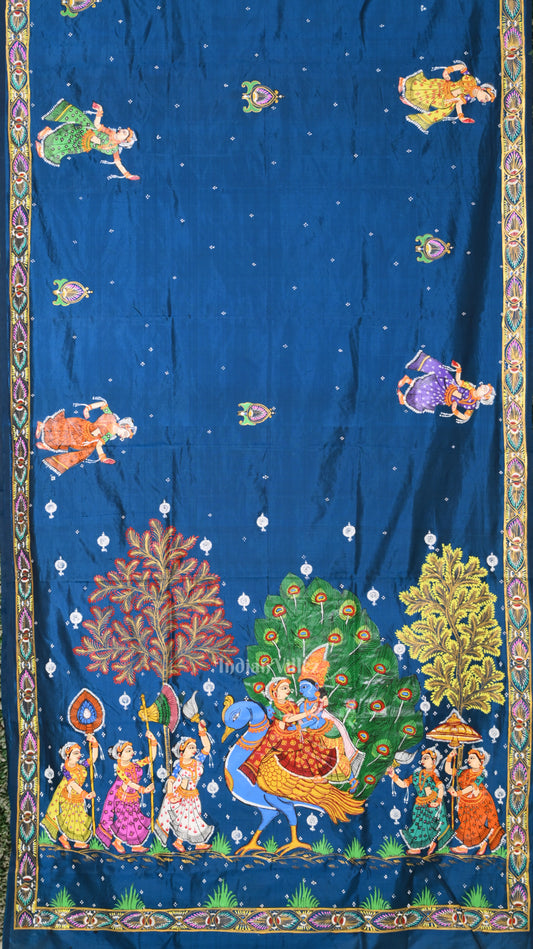 Blue Red Radha Krishna Peacock Design and-Painted Pattachitra Saree