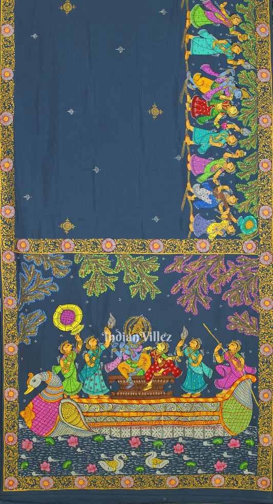 Peacock Blue Radha Krishna Boita Pattachitra Silk Saree