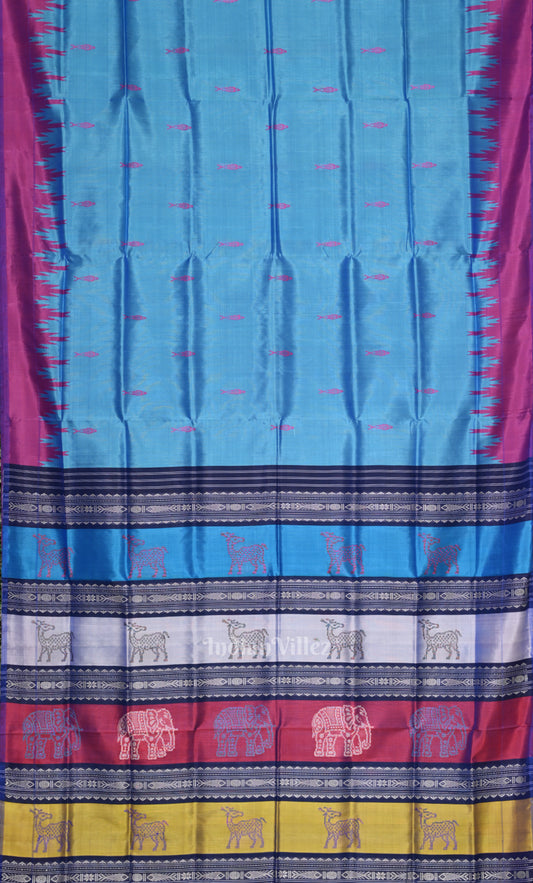 Sky Blue Fish Motif Double Pallu Berhampuri Silk Saree