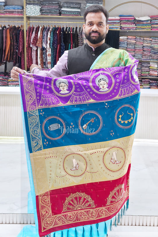 Multi Color Musical Instruments & Dancer Theme Hand-painted Pattachitra Saree