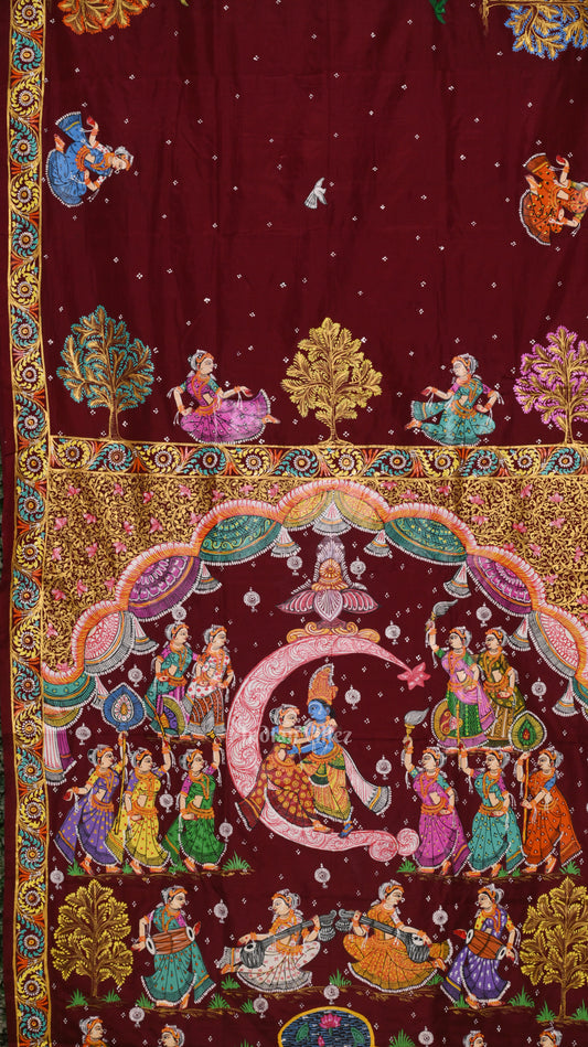Maroon Ardha Chandra Krishna Rasa Leela Hand-Painted Pattachitra Saree(Pre-Order)