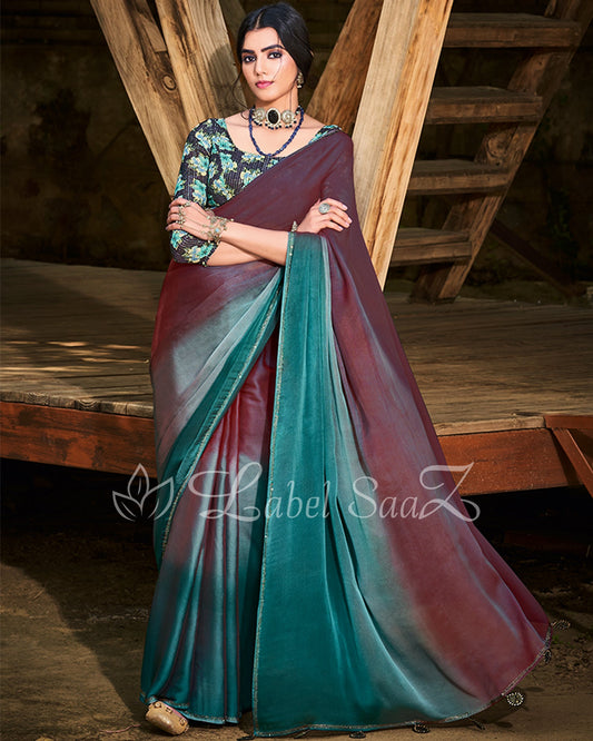 Wine Rama Chiffon Saree with Floral Blouse