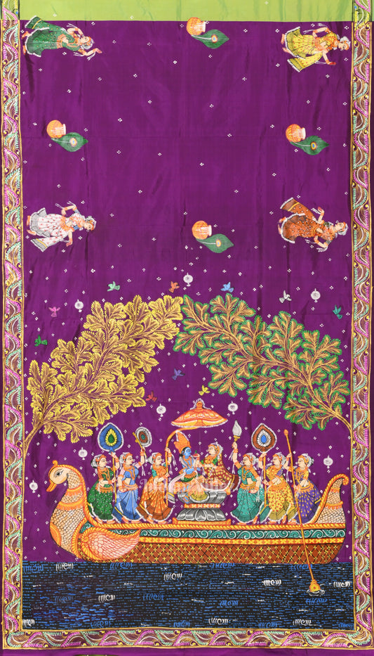 Violet Radha Krishna Boita Hand-Painted Pattachitra Saree