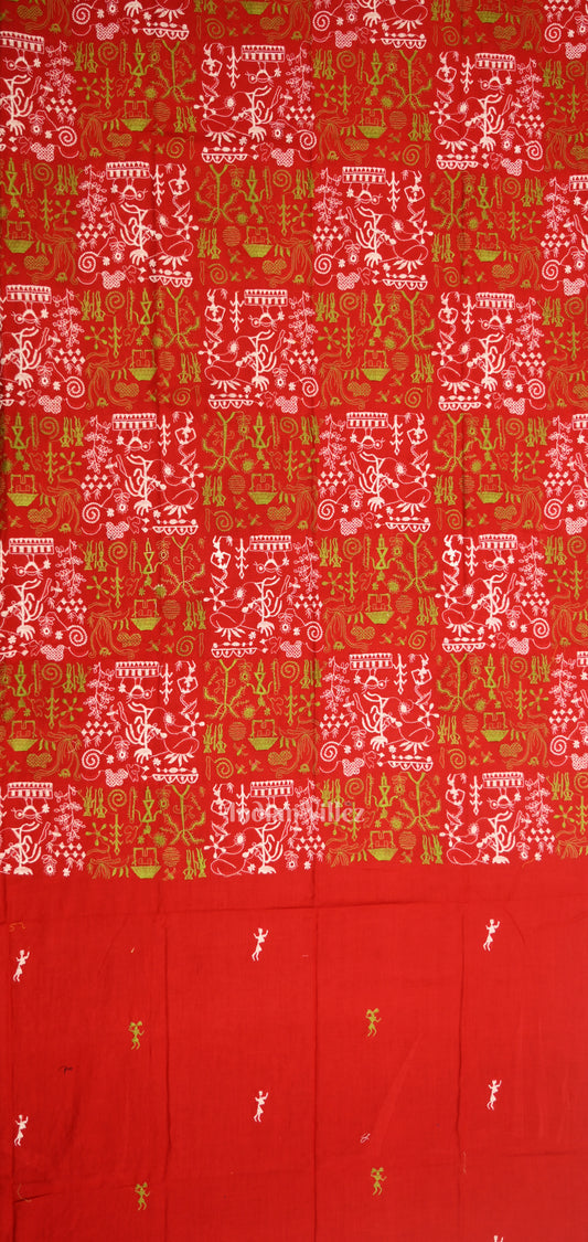 Red Parrot green Tribal Design Sambalpuri Cotton Dress set with Dupatta