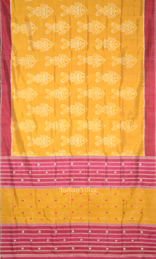 Yellow Magenta Pink Fish Motif Odisha Ikat Contemporary Designer Saree