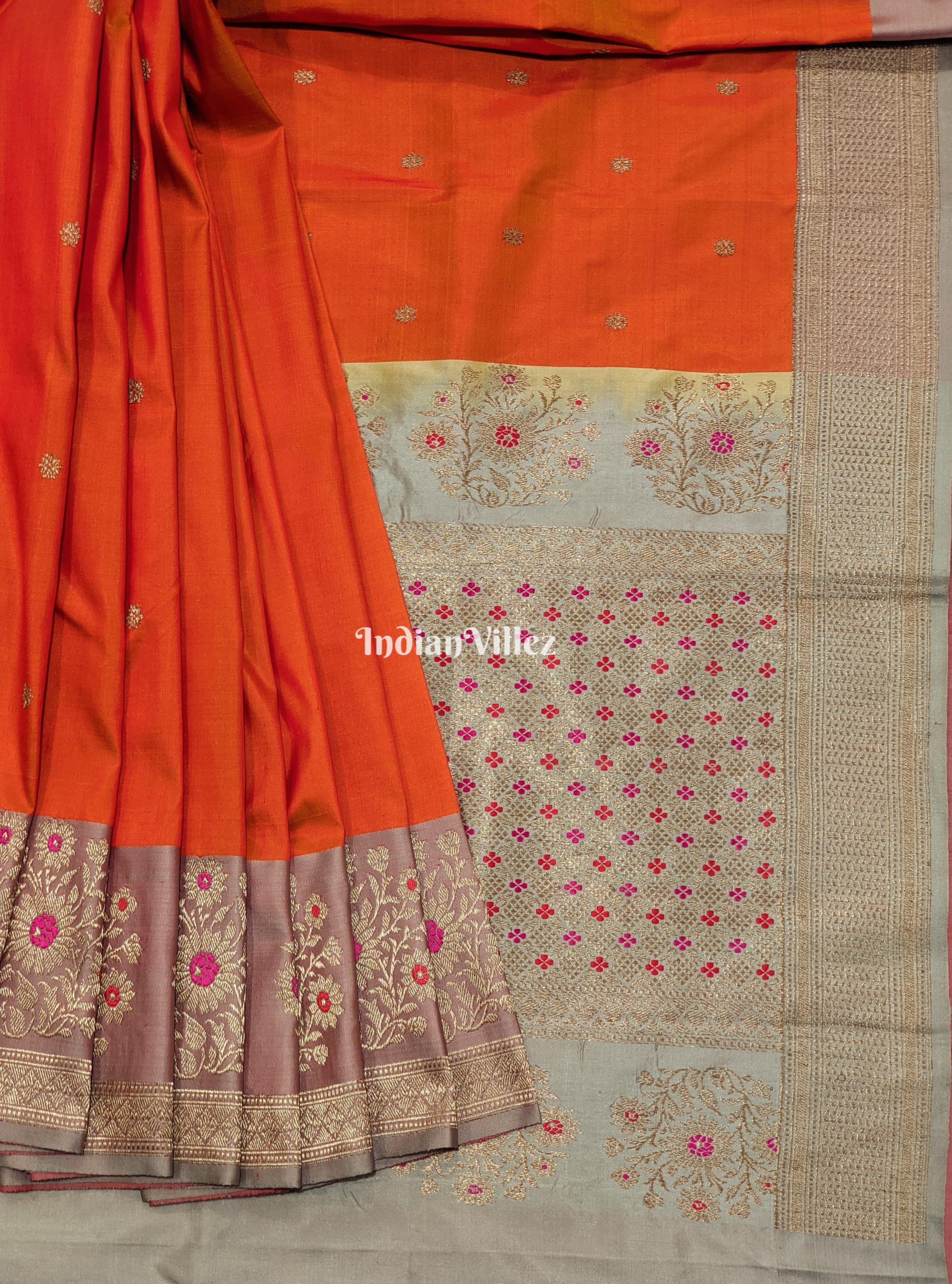 Orange Banarasi Meenakari Katan Silk Saree