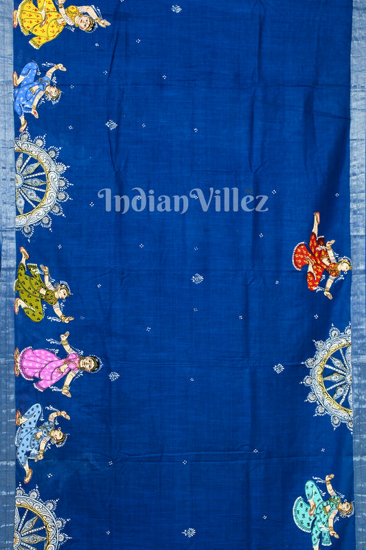 Blue Konark Chakra Theme Hand-Painted Pattachitra Saree