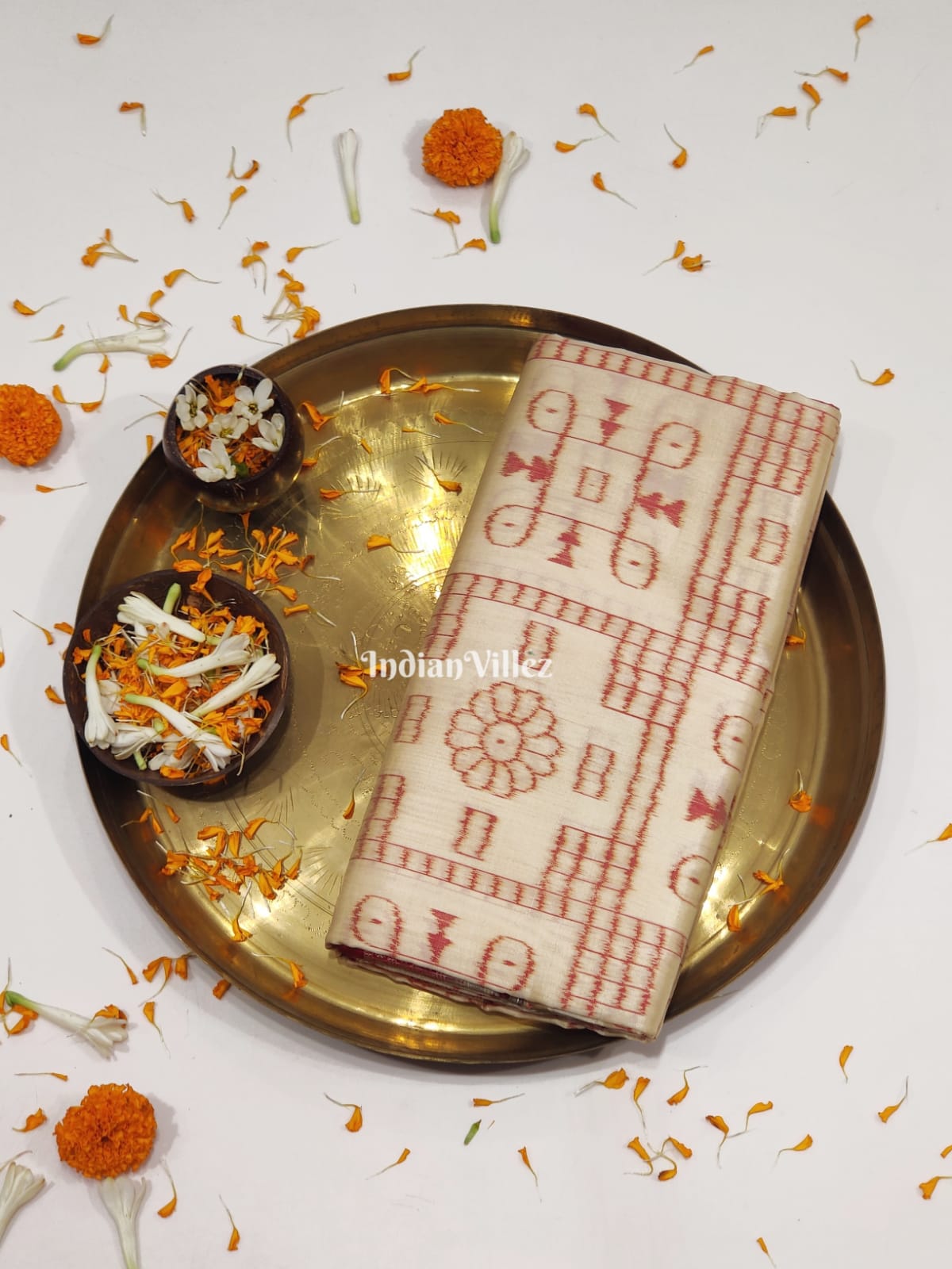 Beige Tribal Theme Odisha Ikat Pure Sambalpuri Silk Saree