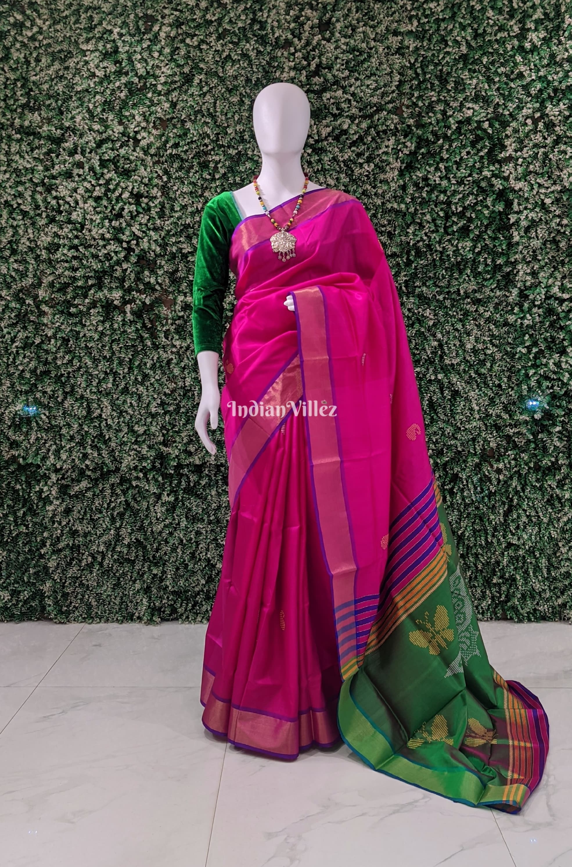 Rani with Green Handwoven Soft Silk Saree