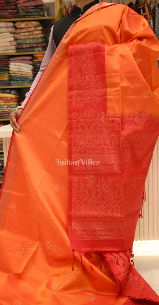 Orange Red Golden Zari Pure Kanjivaram Soft Silk Saree