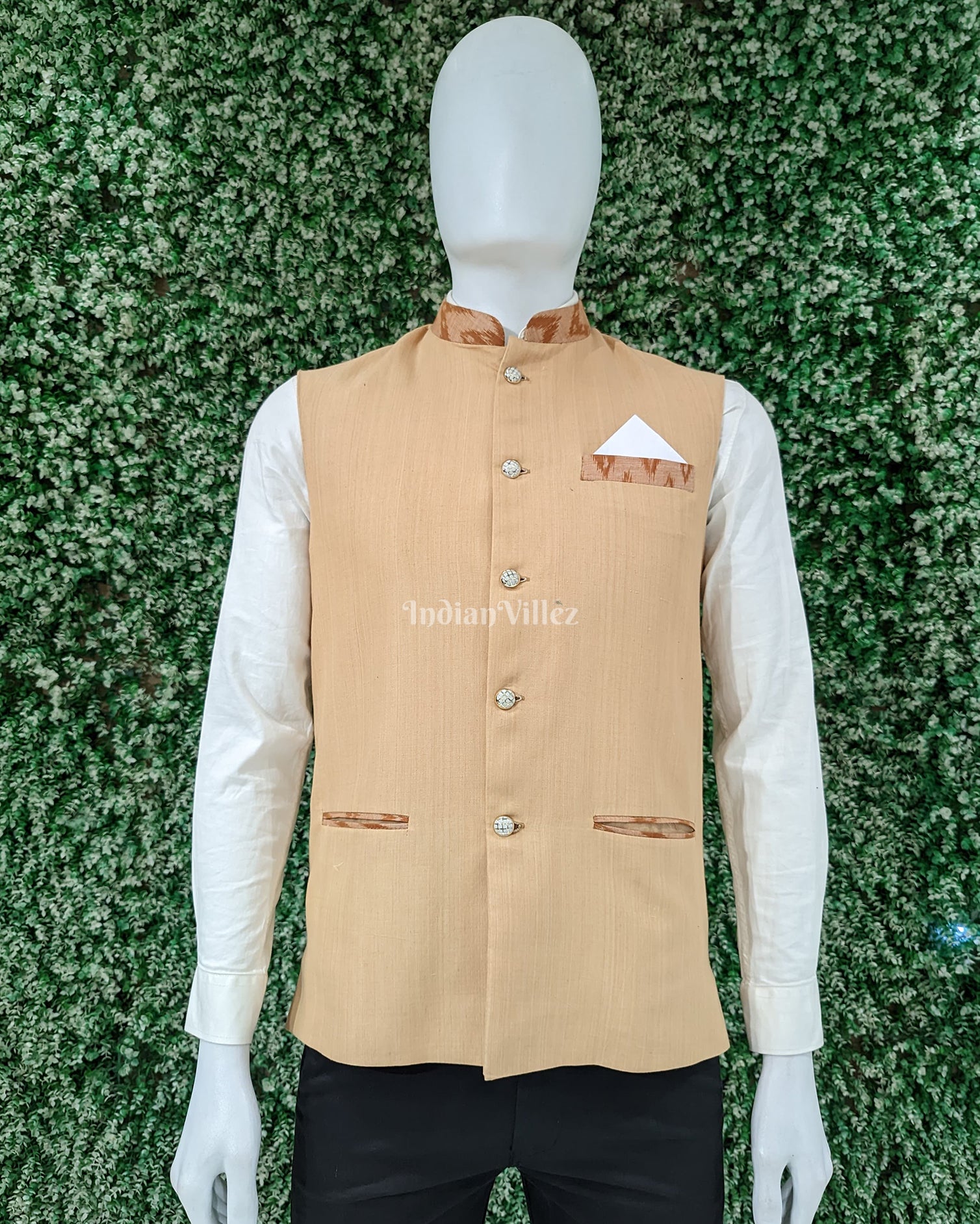 Cream Tussar Half Bandi Jacket for Men - Main Image