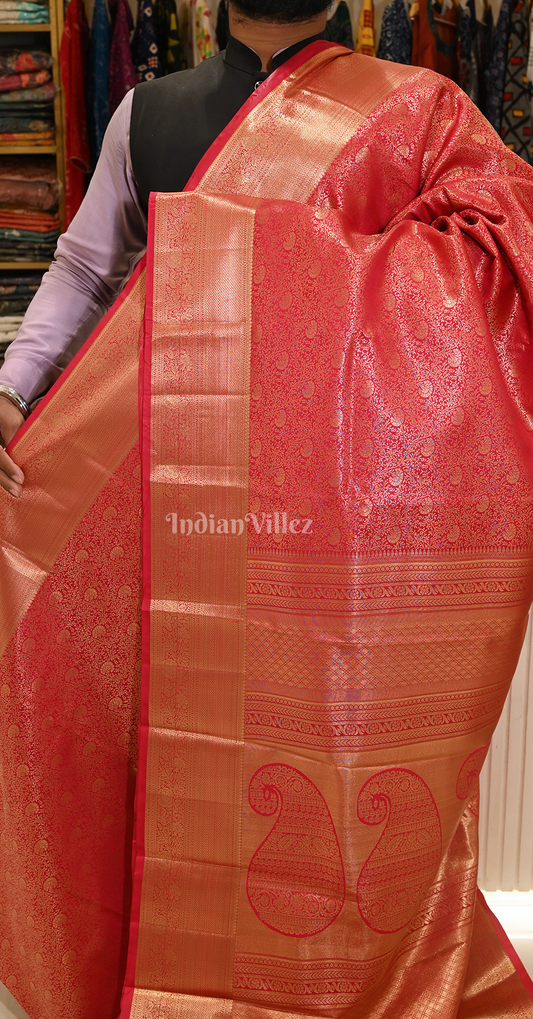 Crimson Red Golden Floral Brocade Pure Kanjivaram Silk Saree