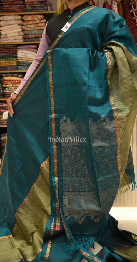 Peacock Blue Mehendi Green Zari Pure Kanjivaram Soft Silk Saree