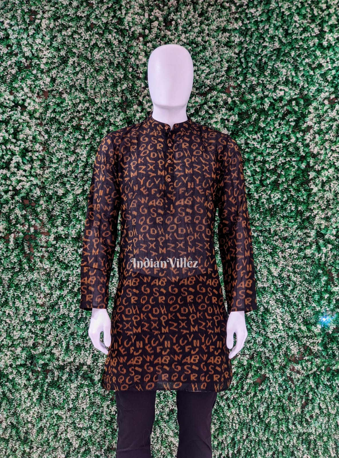 Black English Alphabet Odisha Ikat Cotton Kurta for Men