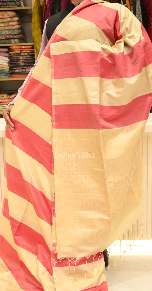 Beige Red Zari Stripped Pure Kanjivaram Soft Silk Saree
