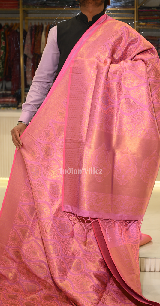 Mauve Pink Golden Floral Zari Tissue Kanjivaram Silk Saree