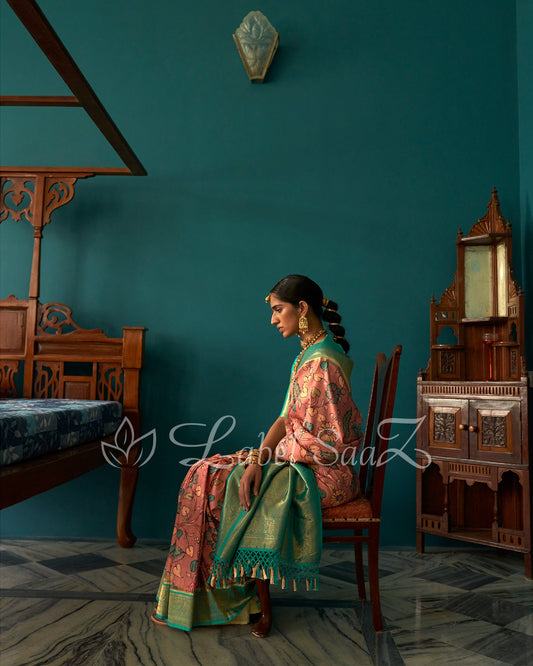 Peach Green Kalamkari Print on Kanjivaram Silk